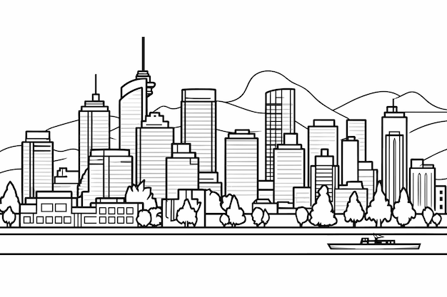 Vettore panorama della città in stile linea sottile contorno del paesaggio urbano ampio panorama orizzontale illustrazione vettoriale in bianco nero