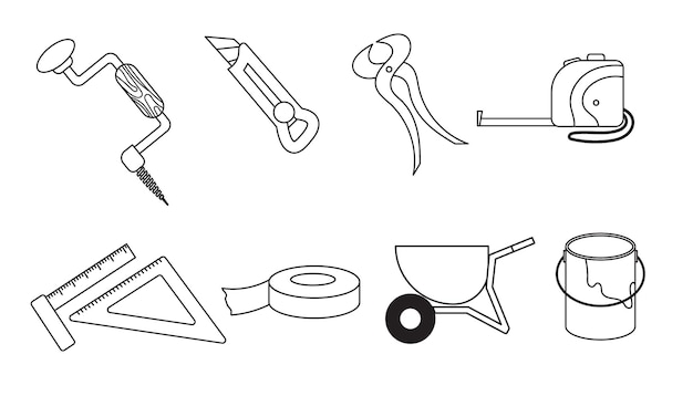 ベクトル 作業ツールセットの薄いラインバージョン アイコン 白い背景に隔離された木工ツールベクトル