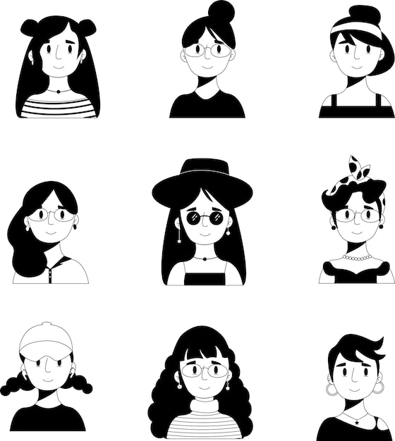 Thin line woman character icons set