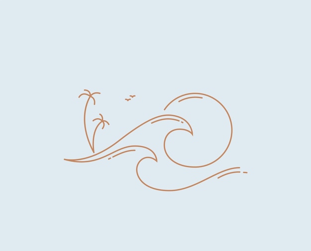 Минималистическое летнее солнце и океанская волна или морской тропический логотип или шаблон дизайна иконок с тонкой подкладкой