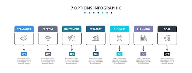 Thin lines rectangles with color elements. Seven infographic elements.