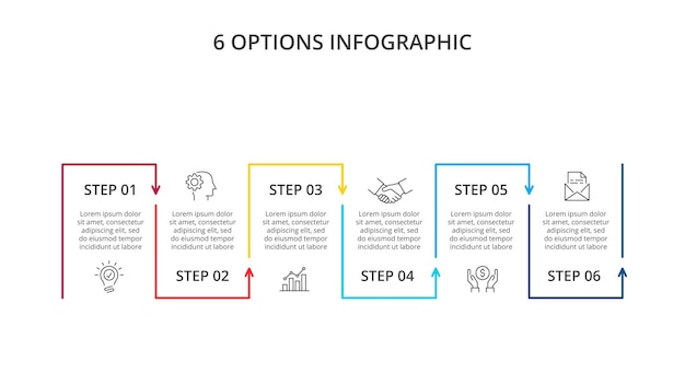 Thin lines with arrows infographic with 6 options or steps.