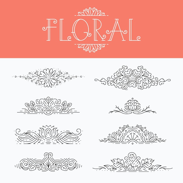 Thin mono line floral decorative  elements, set of isolated ornamental headers