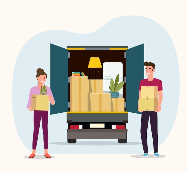 Things in box in the trunk of the truck. man and woman hold boxes. moving house. vector illustration