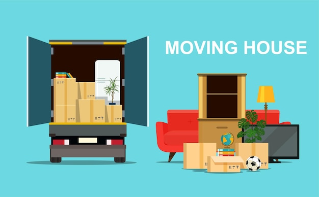 Vector things in box in the trunk of the truck. moving house. vector flat style illustration