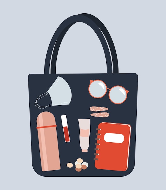 Things inside a bag, what I have in my bag, what's in your bag, handbag flat illustration, glasses,