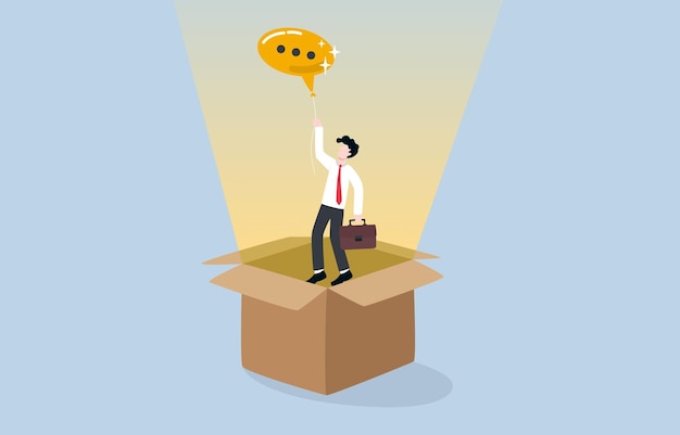 Think outside the box concept businessman holding thought bubble balloon flying out of box