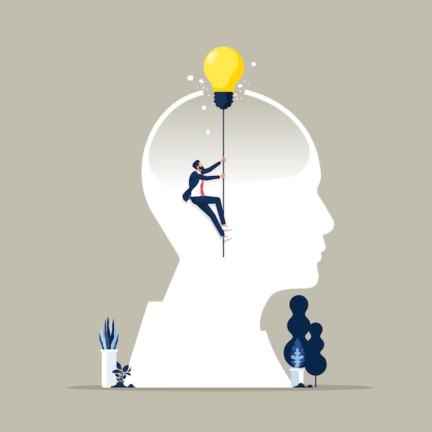 Vector think outside vector concept, businessman  rising up high with light bulb, metaphor of innovation, concept business idea solution, development of ideas