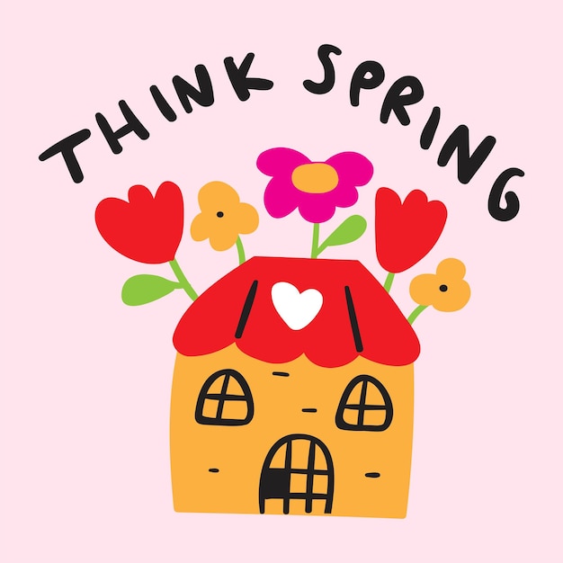 Think spring Cute little house Vector illustration on pink background