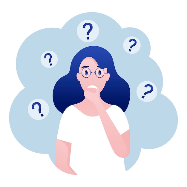 Thinking about Questions. Flat illustration of a woman thinking about a few unanswered questions.