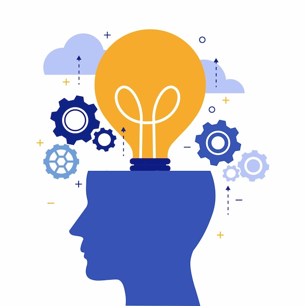 Thinking brainstorming head symbol creative with ideas of thought and analytics Light bulb working