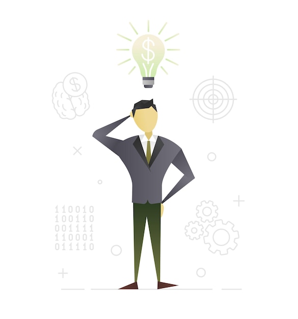 Thinking businessman flat character design. Business idea. Startupper. Man standing with light bulb and dollar sign above his head. Vector isolated illustration