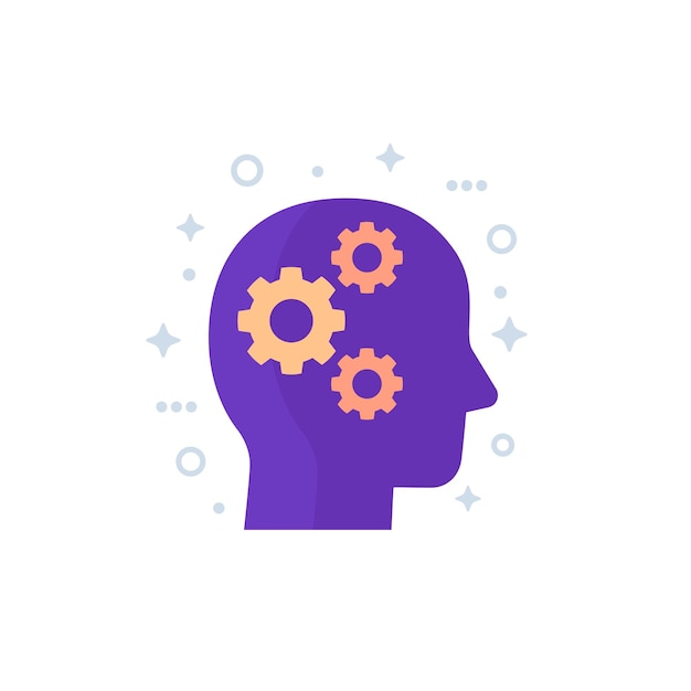 Thinking, gears in head icon, vector