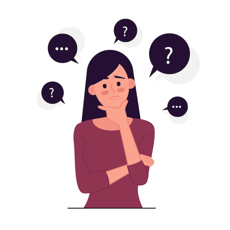 Vector thinking girl illustration looking up while touching her chin to find solution of problems