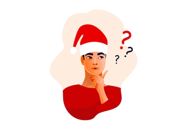 Thinking man in christmas hat. beautiful face, doubts, problems,