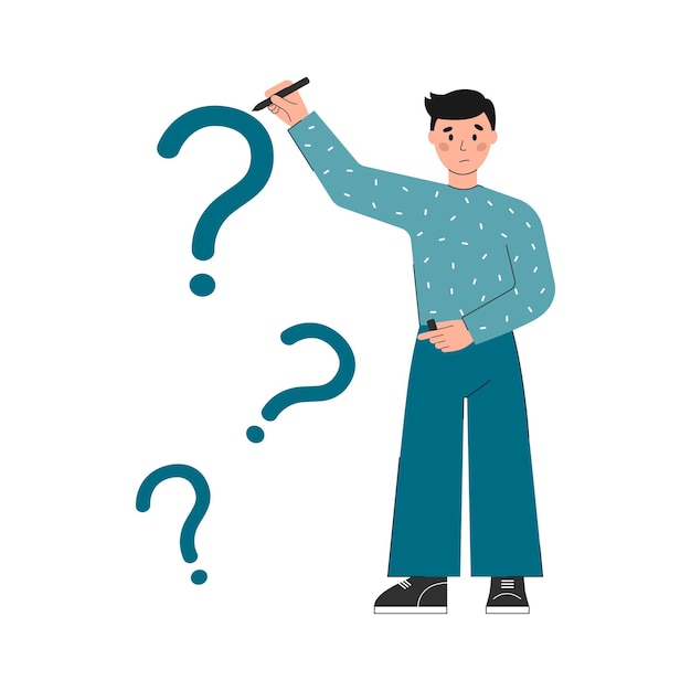 Thinking man draws question marks. Frequently Asked Questions (FAQ). Doubts, problem, curious