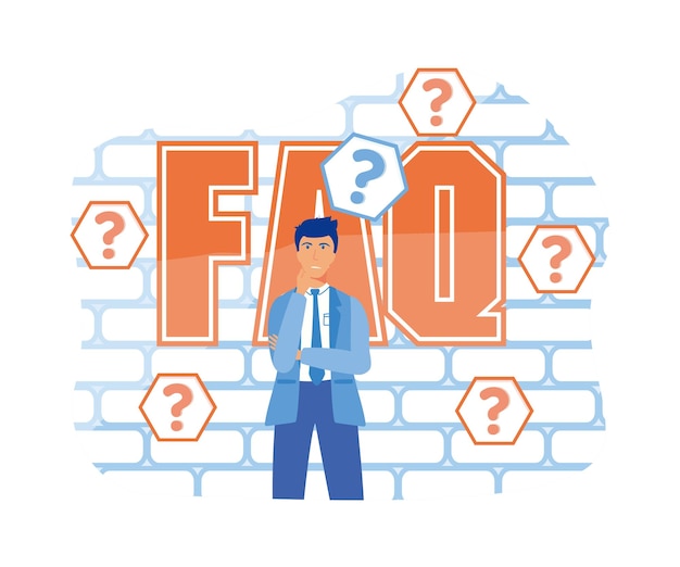 Thinking man with question mark Confused doubts curious Frequently Asked Questions flat vector modern illustration