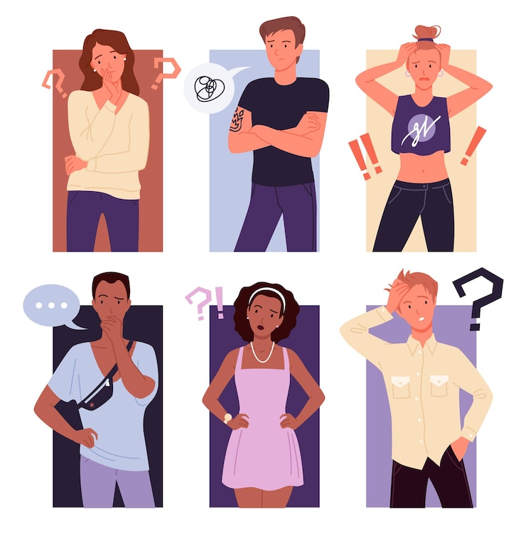 Vector thinking people confuse set. cartoon young thoughtful male female character standing with question exclamation marks, confused gesture of guy and girl