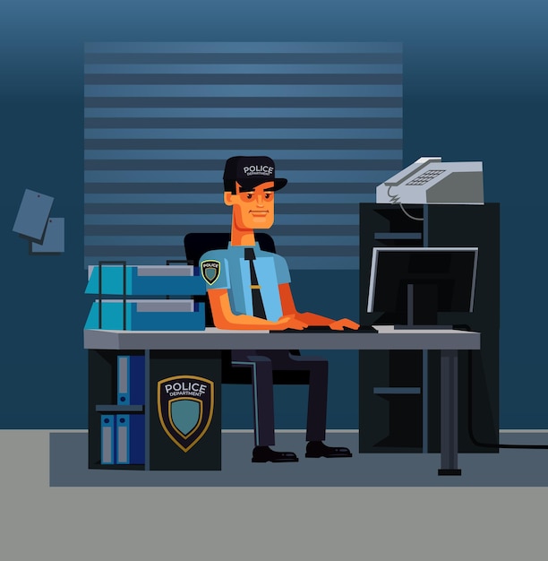 Vettore pensando agente di polizia detective personaggio lavoratore al computer nel dipartimento di polizia dell'ufficio