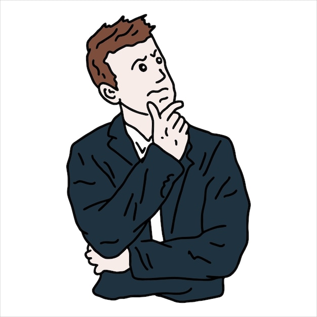 Vector thinking pose of a man with a blue sweater and a blue sweat man in a suit with a hand on his chin