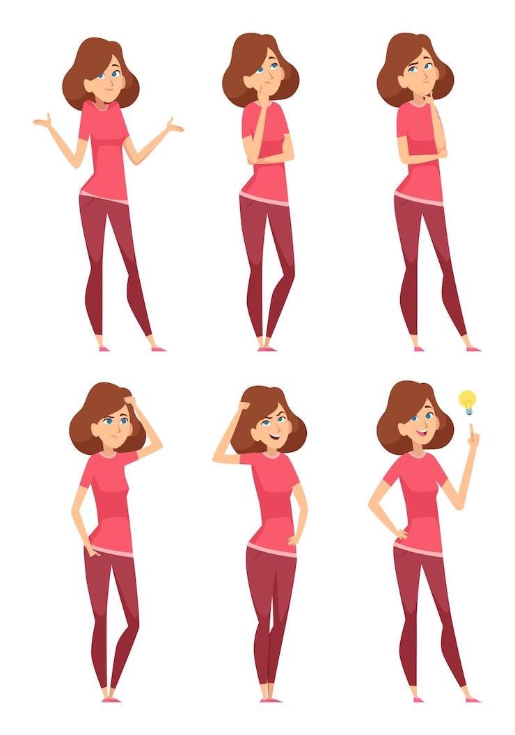 Vector 考える女性。思いやりのある女性の人間の表情は、質問思考の顔を失望させて混乱した良いアイデアを求めています。