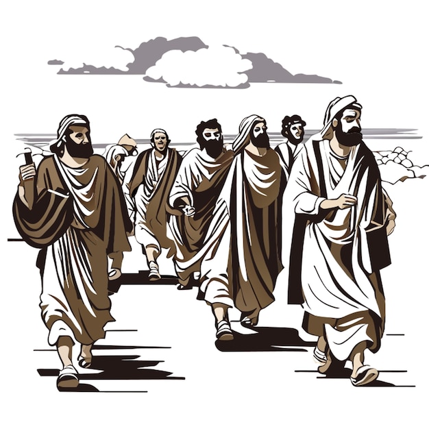 Вектор Третий век до н.э. группа крестьян в крестьянской одежде идет по дороге.