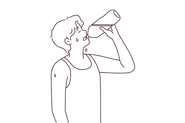 목이 마른 남자가 병에서 물을 마시고 있다