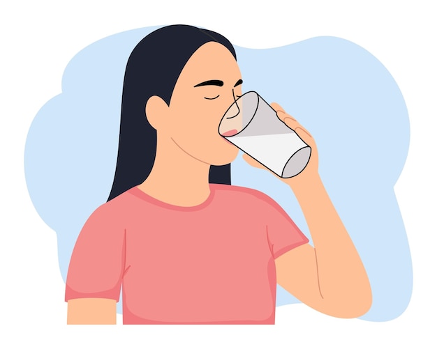 Vector thirsty young woman drinking fresh water from glass