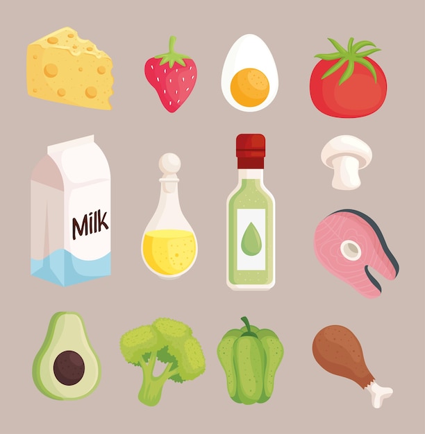 Тринадцать здоровых продуктов питания набор иконок