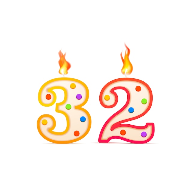 32周年、32の数字形の白の火で誕生日の蝋燭