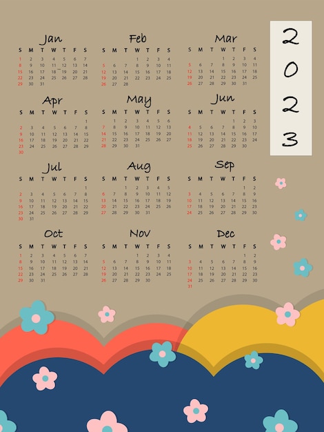 Vettore questo calendario di 12 mesi nel 2023 con sfondo vintage e piccoli fiori sembra il giappone