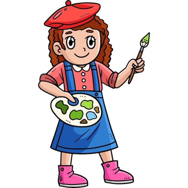 This cartoon clipart shows an artist girl painting illustration