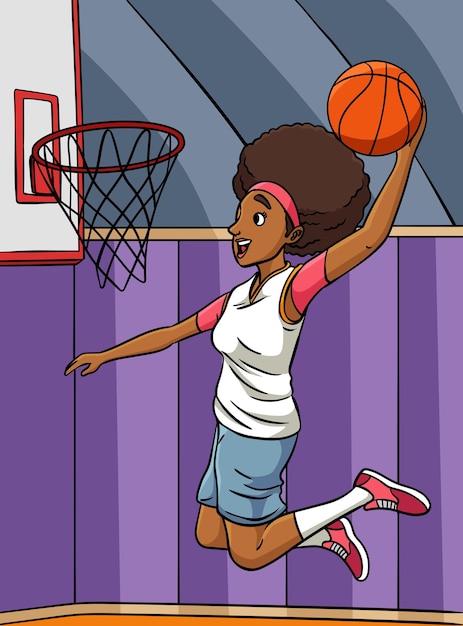 Vector this cartoon clipart shows a basketball girl slam dunk illustration