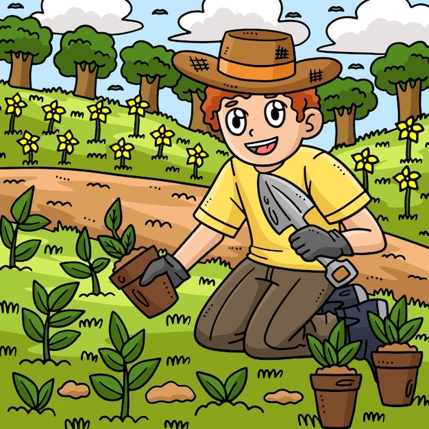 This cartoon clipart shows a Gardener Planting Seedlings illustration