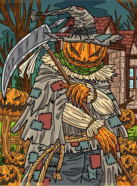 Vettore questa clip animata mostra uno spaventapasseri di halloween con un'illustrazione di scythe
