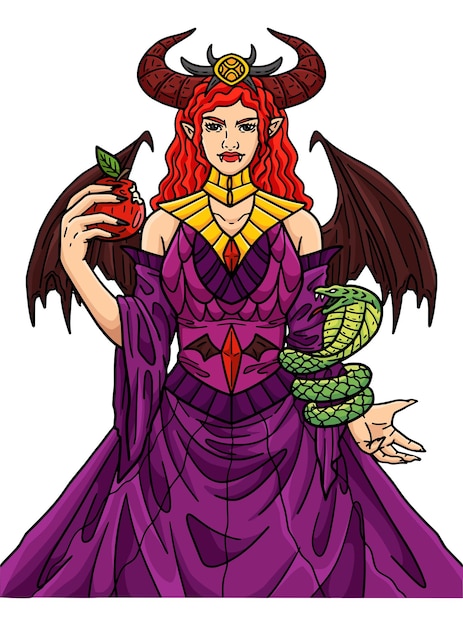 this cartoon clipart shows a halloween succubus eating an apple illustration