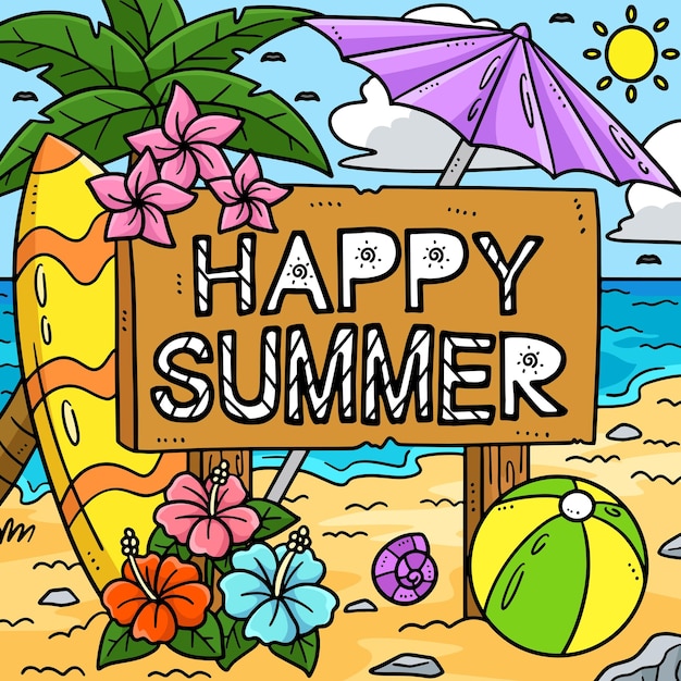 This cartoon clipart shows a Happy Summer illustration