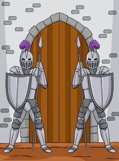 this cartoon clipart shows a knight guarding a gate illustration