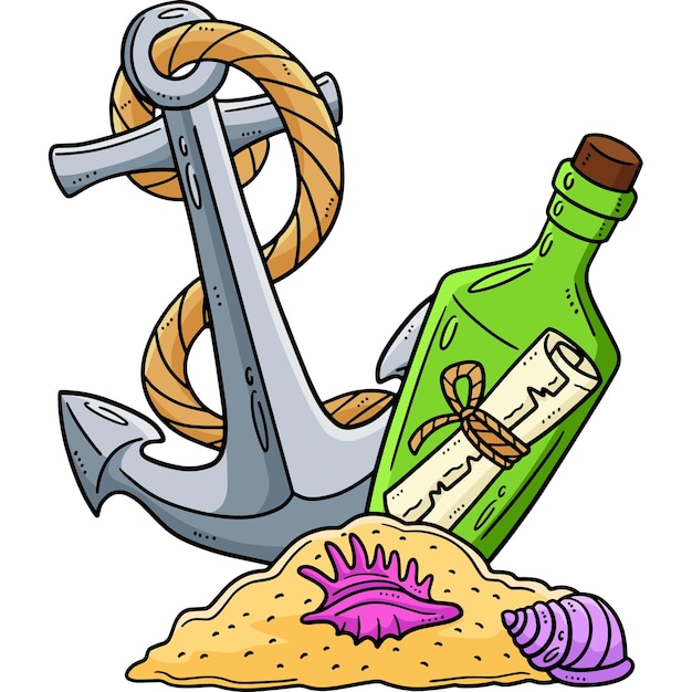 This cartoon clipart shows a Message in a Bottle and Anchor illustration