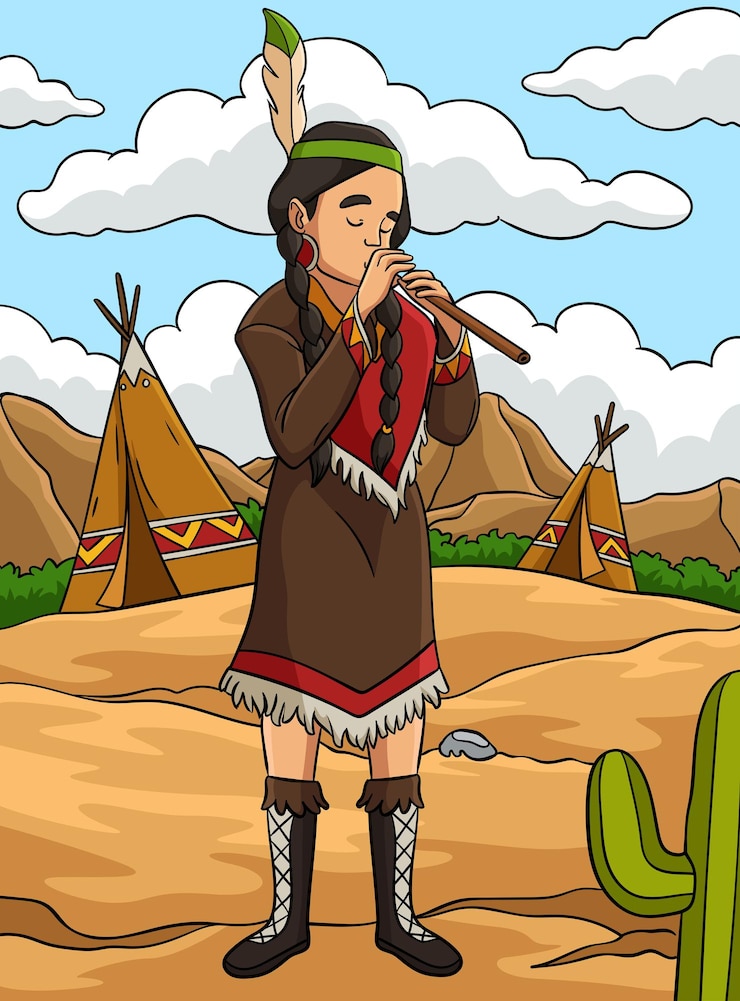 वेक्टर this cartoon clipart shows a native american indian girl playing flute illustration