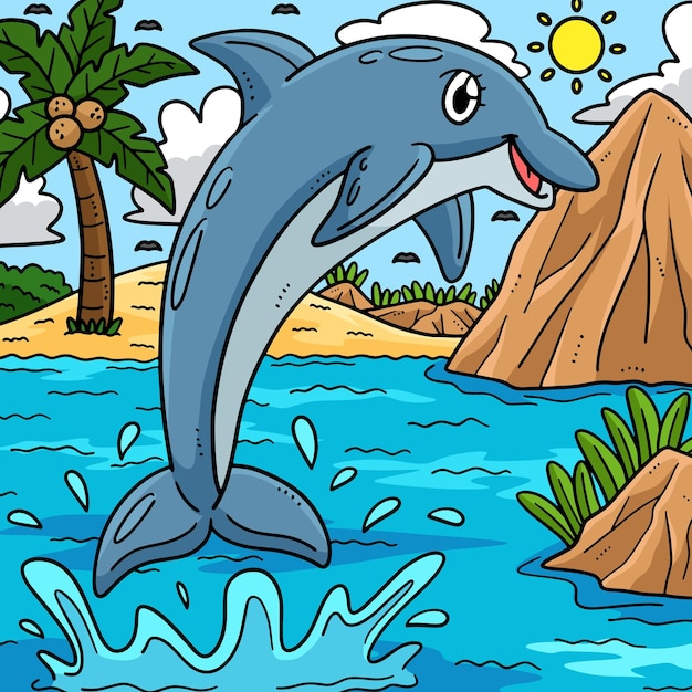 This cartoon clipart shows a Summer Dolphin Jumping Out of Water illustration
