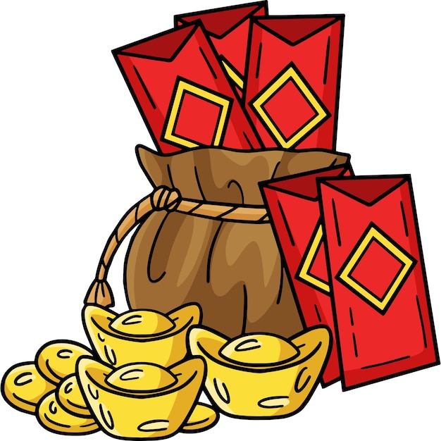 this cartoon clipart shows a year of the dragon angpao and gold ingot illustration