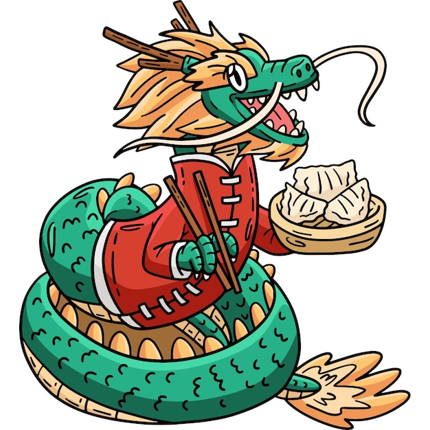 This cartoon clipart shows a Year of the Dragon Eating Dumplings illustration