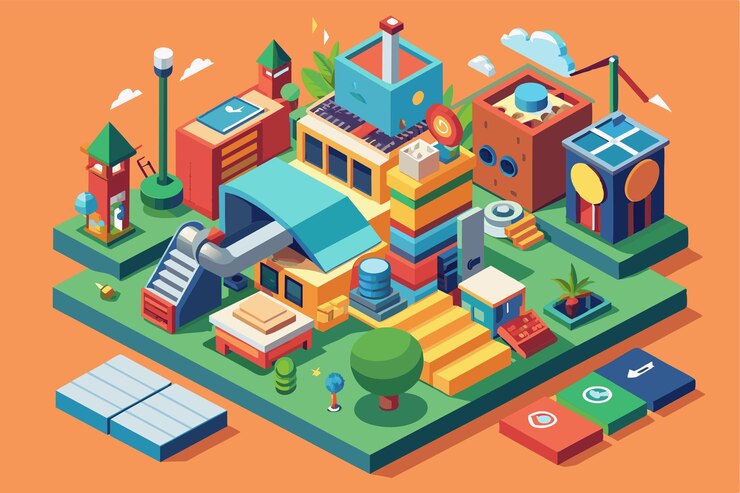 Vector this colorful isometric design features various customizable buildings blending nature and creativity upcycle customizable isometric illustration