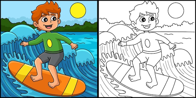 Вектор Эта страница для окрашивания показывает мальчика, занимающегося серфингом летом одна сторона этой иллюстрации окрашена и служит вдохновением для детей