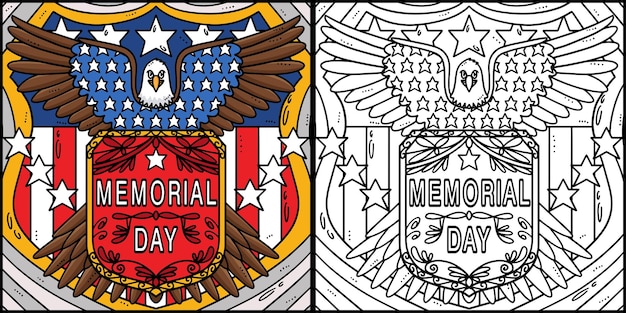 this coloring page shows a memorial day badge one side of this illustration is colored and serves as an inspiration for children