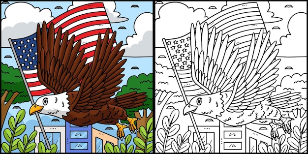 this coloring page shows a memorial day eagle carrying flag one side of this illustration is colored and serves as an inspiration for children