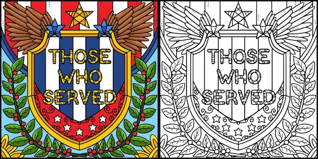 this coloring page shows a memorial day those who served badge one side of this illustration is colored and serves as an inspiration for children