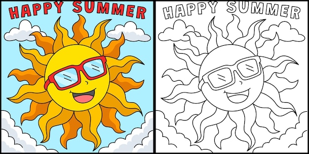 Эта страница для окрашивания изображает Солнце с счастливым летом Одна сторона этой иллюстрации окрашена и служит вдохновением для детей