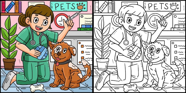 Questa pagina da colorare mostra un veterinario e un cane un lato di questa illustrazione è colorato e serve da ispirazione per i bambini